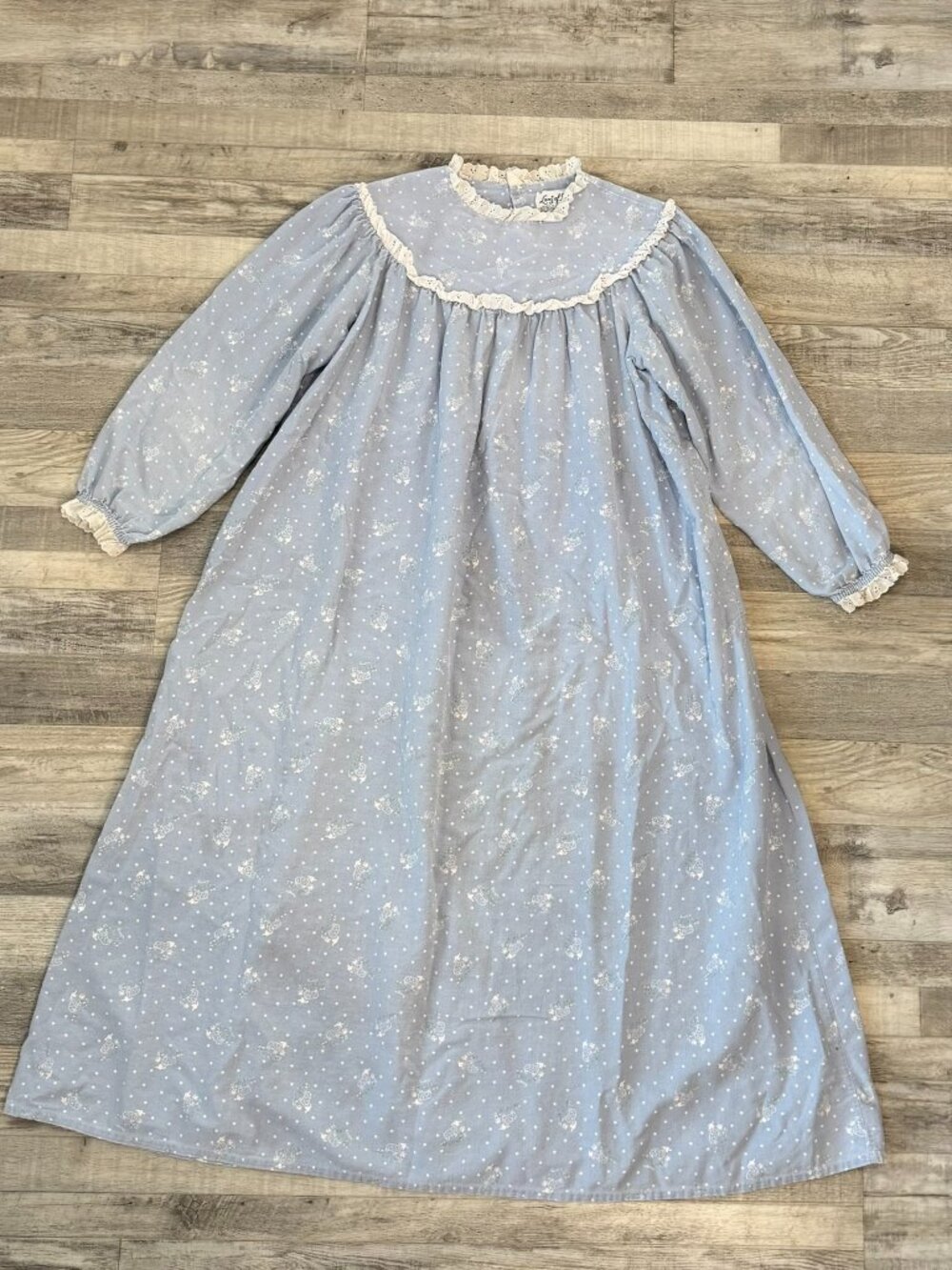 Lane Of Salzburg Vintage Blue Floral Flannel Nightgown Lace Trim Long Sleeve I16